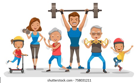 Sport Family. Big family happy Exercise together happily. Bodybuilder father, Mother lifting dumbbells.
Son skate, Daughter riding a scooter,
Granny Boxing Tai Chi, Grandfather executive body, Vector