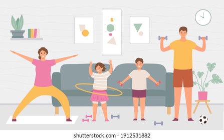 Sport Family At Home. Parents And Kids Do Exercise In House Interior. Indoor Healthy Lifestyle For Active Adults And Children Vector Concept. Father And With Dumbbells, Daughter With Hula Hoop