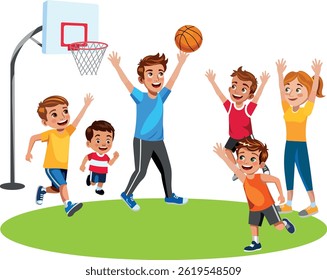 Sport family mom dad and kids playing basketball on sports ground for playing basketball adults and children dressed in sports uniform Vector