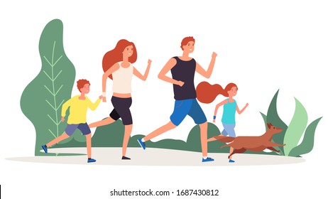 Familia deportiva. Los padres corren por el parque. Feliz hombre y mujer, niño y niña, perro van a la ilustración vectorial de los deportes