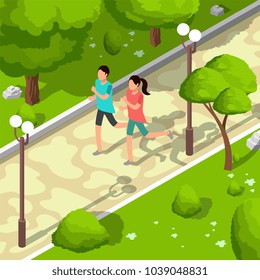 Sport family running in park vector isometric 3d illustration. Healthy lifestyle concept. Sport and fitness outdoor, people run active illustration