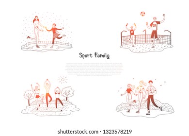 Sport family - family skating, playing football, doing yoga, roller skating together vector concept set. Hand drawn sketch isolated illustration