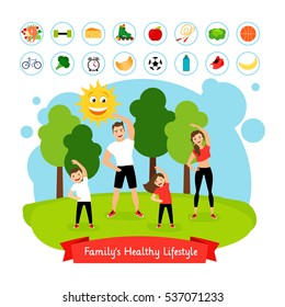 Sport family summer activity. Happy smiling family active healthy lifestyle and healthy food vector illustration.