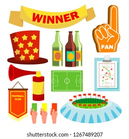 Sport Fan Items Vector. Supporters Accessories. Pub, Beer. Cheer. Isolated Cartoon Illustration