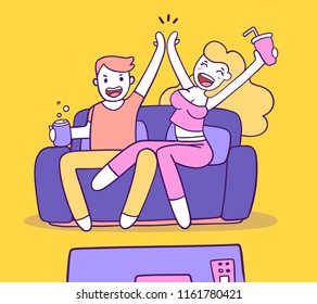 Sport fan rejoice at team victory concept. Vector illustration of happy woman and man sitting on sofa high five. Flat line art style design for web, site, banner, poster