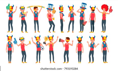 Sport Fan Watching Sport Match Vector. Football, Soccer, Hockey Sports Fans. Different Poses. Isolated On White Cartoon Character Illustration