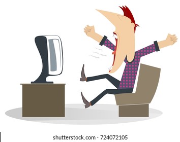 Sport fan is watching sport program on TV with great emotion. Young man sitting in the armchair with hands up looks a sport program on TV and shout hurrah
