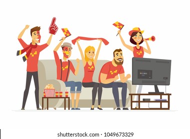 Sport fans - cartoon people character isolated illustration on white background. An image of a group of friends with football attributes and popcorn watching TV championship, cheering for the team