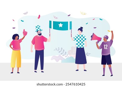 Sport fans, celebrating victory, goal, winning score. Excited friends cheering for favorite team. Male and female characters, supporters in fan zone. Happy people after match. flat vector illustration