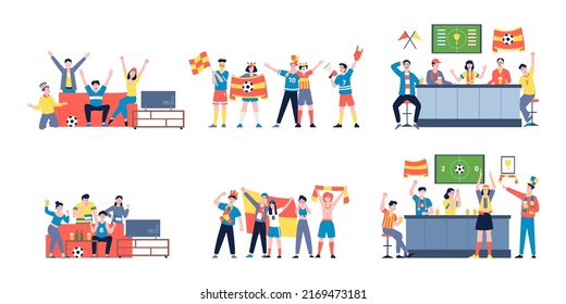 Sport Fans Characters. Fan On Couch, Football Fanatics Watching Competition. Angry Cheering Flat Teenager, Soccer Friends In Bar Recent Vector Scenes