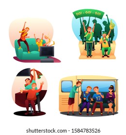 Sport fans characters vector scenes cartoon set. Cheering happy crowds supporting favorite team. Guys wearing scarf at stadium, in bar, at home on TV, in underground metro. Vector flat illustration