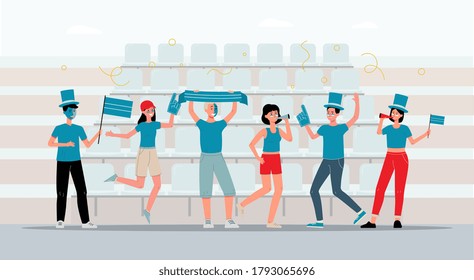 Sport fans cheers their team on sport competition, flat vector illustration. People in blue t-shirts and caps supporting their football or baseball team.