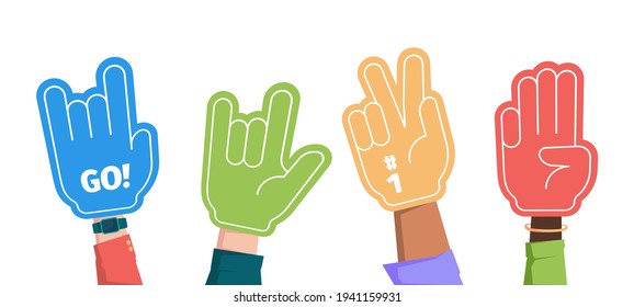 Sport fans. Crowd hands gestures gloves foam fingers supporting team garish vector flat illustrations collection