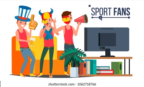 Sport Fans Group Vector. Cheering For The Sport Team. Watching Game Match On TV. Isolated Flat Cartoon Illustration