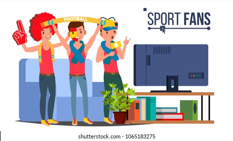 Sport Fans Group Vector. Fan Attributes. Watching TV On Couch. Isolated Flat Cartoon Illustration
