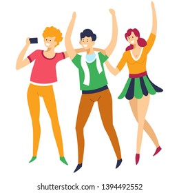 Sport fans men and woman cheering up football team vector isolated group of characters friends in scarf and skirt with smartphone filming game or match buffs or rooters girl and guy with hands up