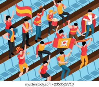 Fanáticos deportivos con atributos amarillos y rojos animando al equipo durante el partido en la ilustración vectorial isométrica del estadio