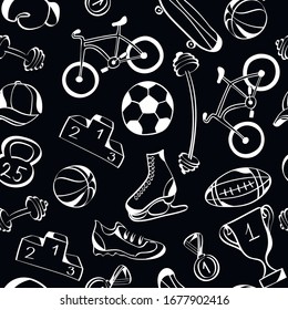Sport, fashion vector chalk seamless pattern on black background. Concept for wallpaper, wrapping paper, cards 
