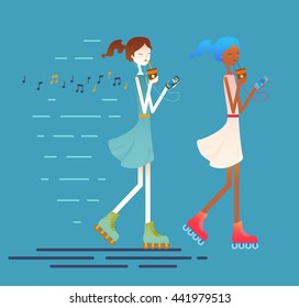 Sport female character skates on roller-skaters with earphones on, drinks ice coffee. Fitness workout running girl, Urban citizen. Hand drawn elements, vector illustration.