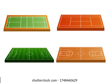 Sport field icon set. Soccer or football, volley ball, basket, and badminton