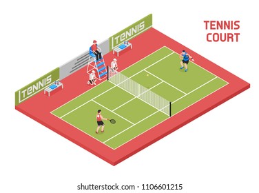 Composición isométrica de pista deportiva de tenis con 2 jugadores chicos de pelota y árbitro en alta silla ilustración vectorial 