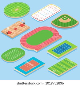 Sport field vector flat isometric icon set. Cricket, basketball, hockey, baseball, athletics, tennis, volleyball, soccer and football fields or courts. Outdoor playing areas for various sports.