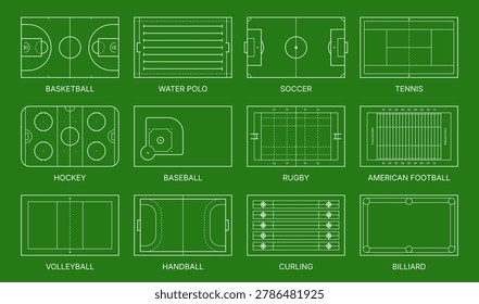 Sport fields for athletic games. Basketball, water polo and soccer, tennis and hockey, rugby and American football, billiards and curling, handball and volleyball. Vector match types and arenas