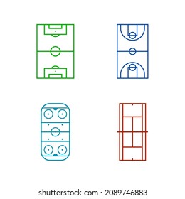 Sport fields and sport courts set: football (soccer), basketball, ice hockey, tennis. Isolated on white background. Vector illustration, eps 8. 