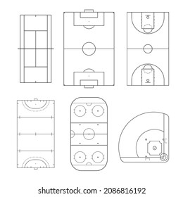 Sport fields and sport courts set: tennis, football (soccer), basketball, grass hockey field, ice hockey, baseball. Isolated on transparent background. Vector illustration, eps 10. 