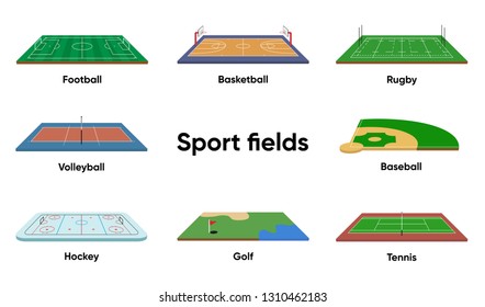 Sport Fields isometric vector illustration on white. Golf, Hockey, Rugby, Tennis, Volleyball, Baseball, Basketball, Football.