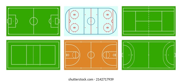 Sport fields. Sport pitchs. Stadium for tennis, soccer, basketball, hockey and volleyball. Set of game courts top view. Floor background with borders for competition. Vector.