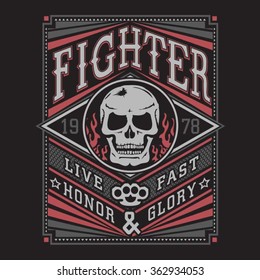 Sport fighter skull typography, t-shirt graphics, vectors