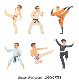 Sport fighters in action poses. Cartoon characters isolate on white background
