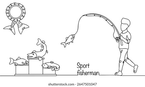 Um pescador esportivo pratica a pesca como um esporte, participando de competições de pesca. Ao seu lado está um pódio de prêmios com a pegada. Ilustração de linha simples, desenhada à mão.