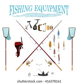 Sport fishing at all times
Spinning with reel and a set of different baubles. rubber boat with motor
for sports fishing and shopping, vector illustration