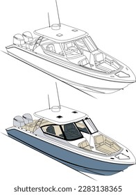 Sport fishing boat vector line art illustration