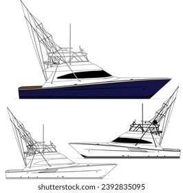 Sport fishing boat vector line art illustration and one-color