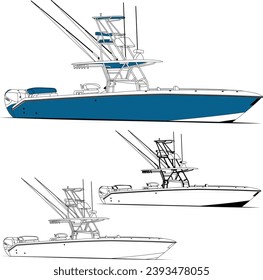 Sport fishing boat vector line art illustration and one-color