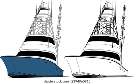 Dibujo artístico de la línea vectorial del barco de pesca deportiva y un solo color