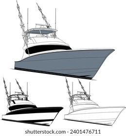 Sport fishing boat vector line art illustration and one-color