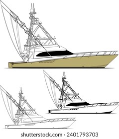 Sport fishing boat vector line art illustration and one-color	