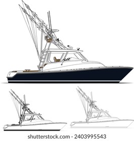 Sport fishing boat vector line art illustration and one-color	