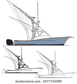 Sport fishing boat vector line art illustration and one-color	