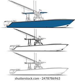 Sport fishing boat vector line art illustration and one-color	