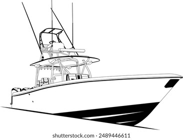 Sport fishing boat vector line art illustration and one-color