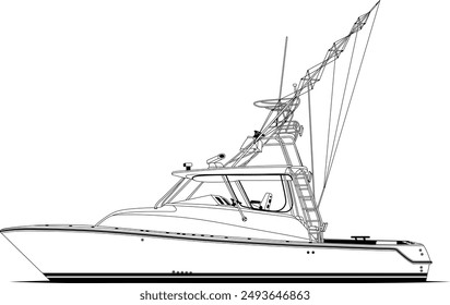 Sport fishing boat vector line art illustration and one-color	