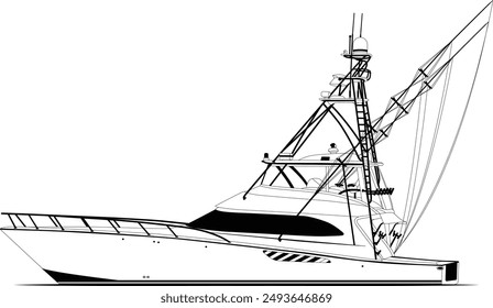 Sport fishing boat vector line art illustration and one-color	