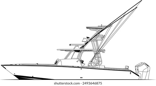 Sport fishing boat vector line art illustration and one-color	