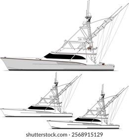 Sport fishing boat vector line art illustration and one-color