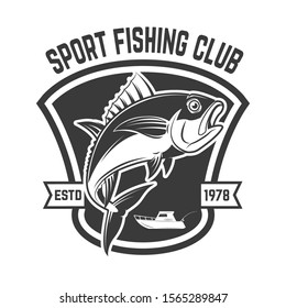 Sport fishing club. Emblem template with tuna fish. Design element for logo, label, sign, poster. Vector illustration